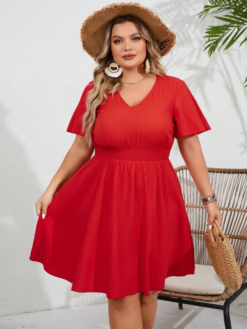 V-Neck Smocking Dress - Summer Plus Size - Image 2