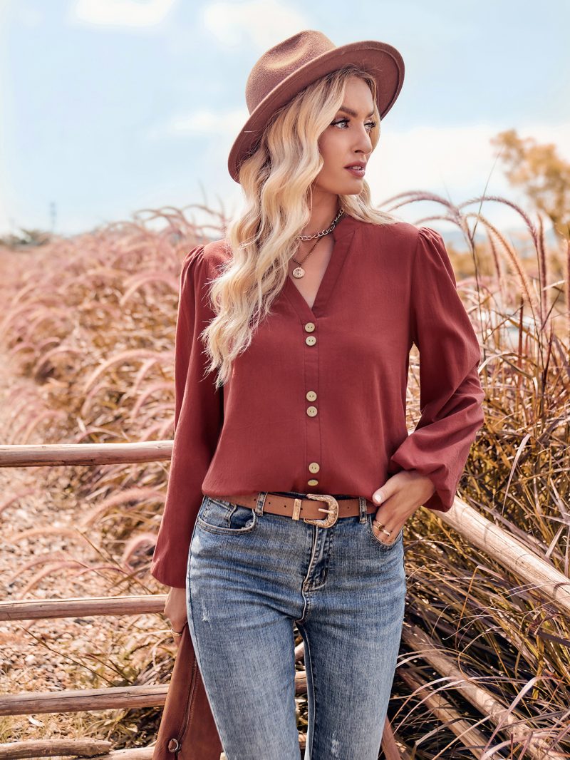 Stylish V-Neck Fastener Top for Fall - Image 3