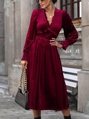 Red V-Neck Velvet Dress – Autumn Winter Long Sleeve