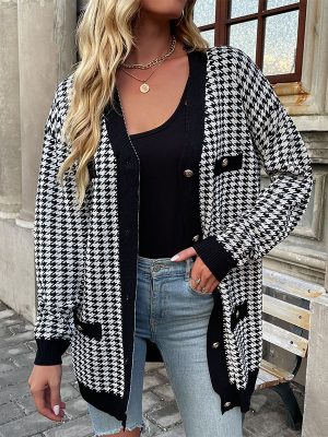 Fashionable Houndstooth Long Sleeve Cardigan