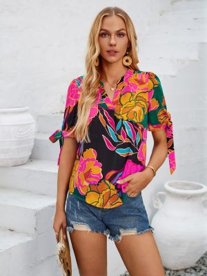 Printed V Neck Cuff Bundle Top