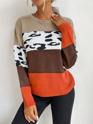 Leopard Print Color Matching Long-Sleeve Sweater for Autumn/Winter Casual Women’s Tops