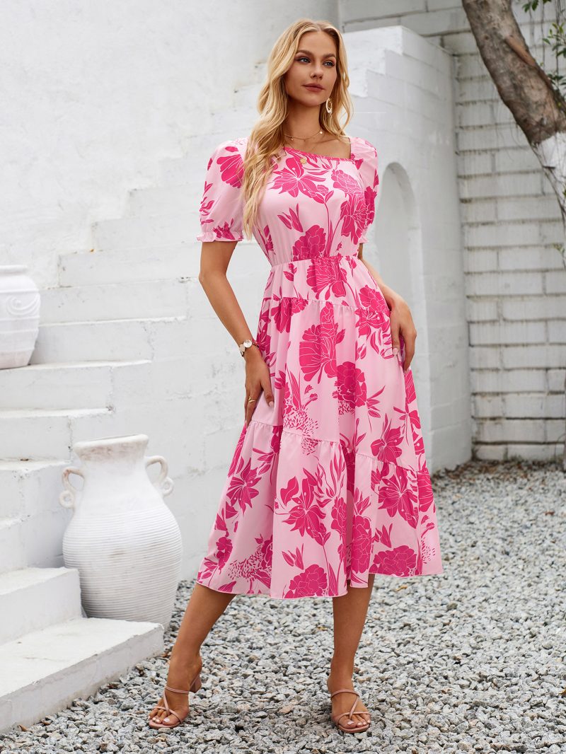 Diagonal Collar Floral Print Fresh Dress - Image 4