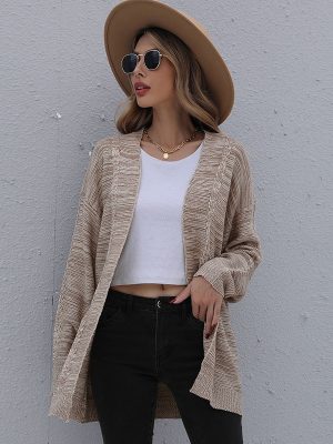 Long Sleeve Mixed Color Mid-Length Coat Sweater for Autumn Women’s Wear