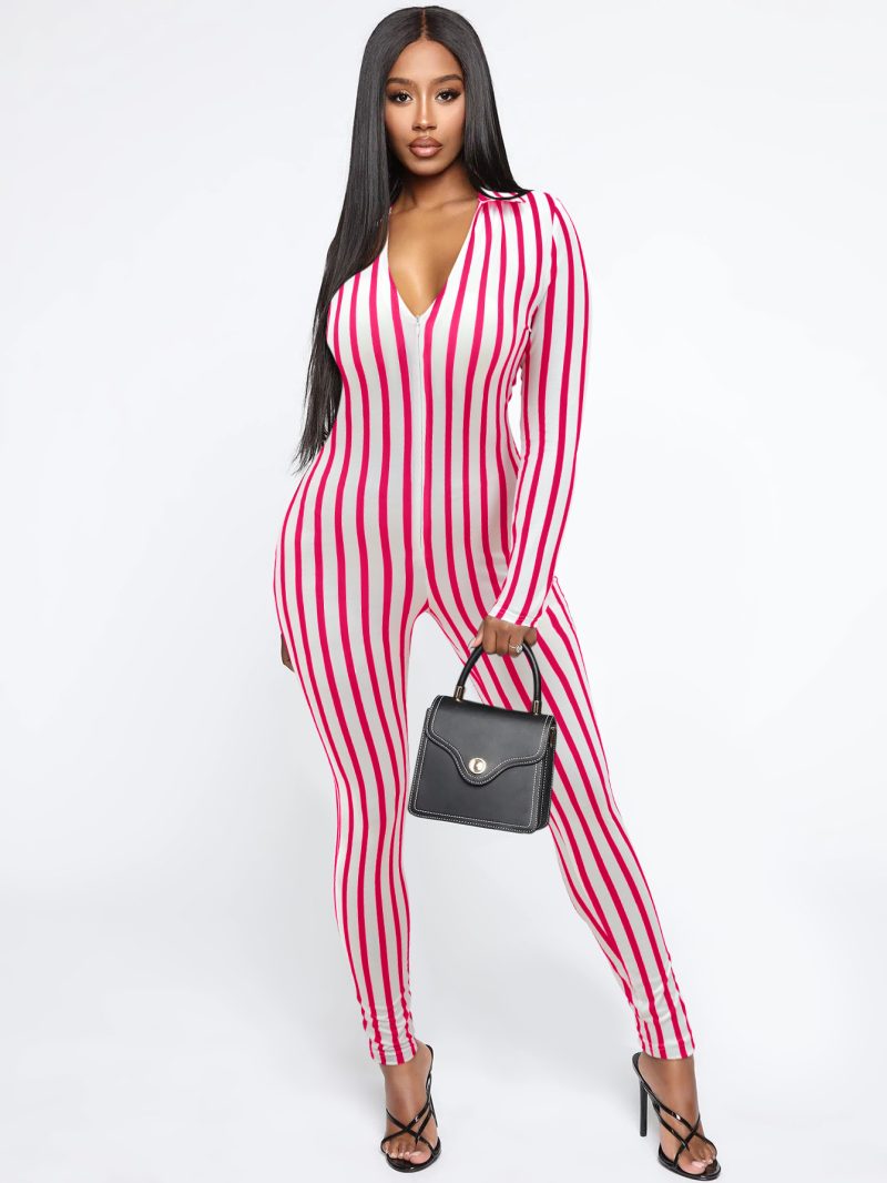 Striped V-neck Long Sleeve Jumpsuit - Fall/Winter - Image 2