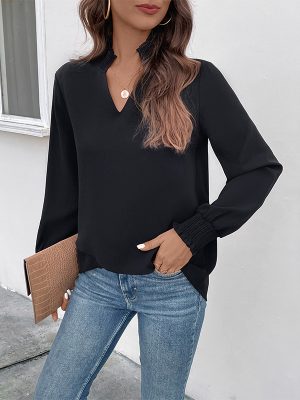 V-Neck Solid Color Long Sleeve Shirt – Women’s Spring Style