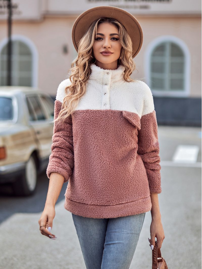 Stand Collar Plush Thick Top with Button Color Matching - Image 3