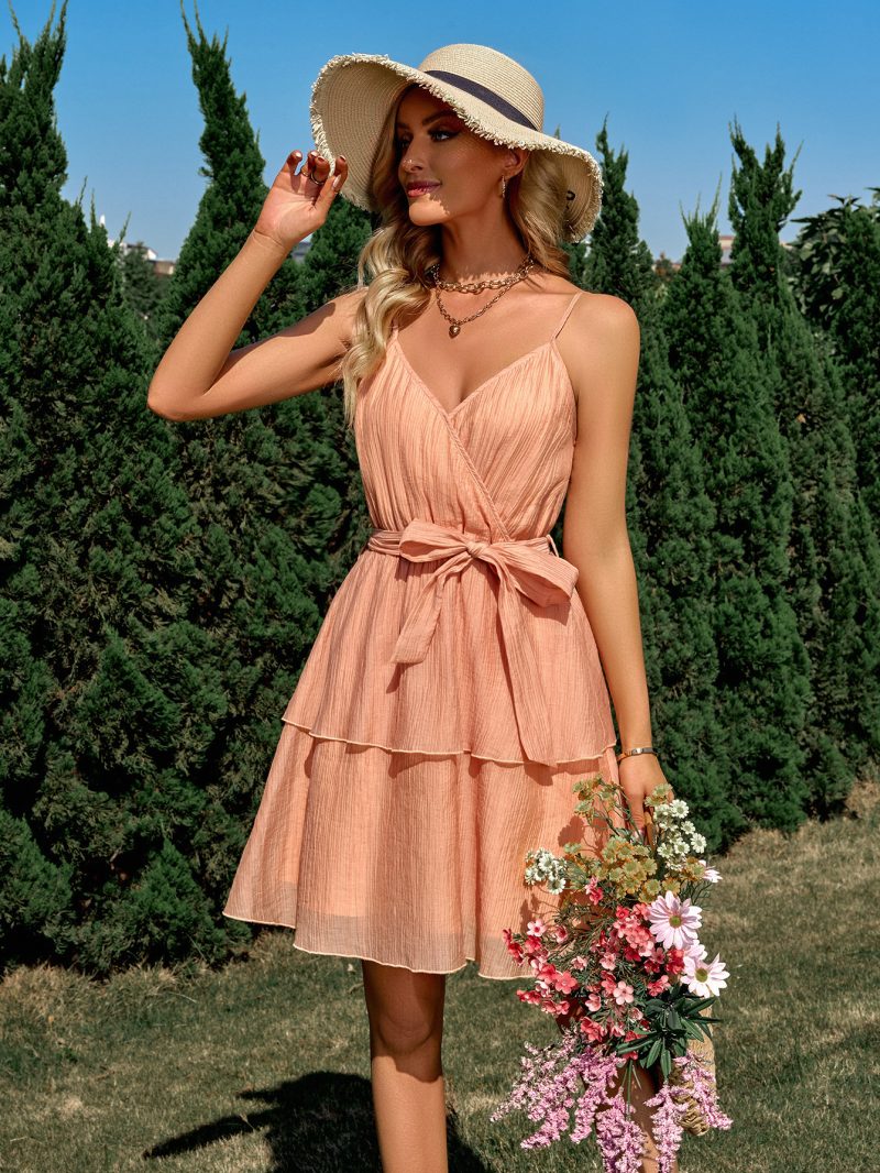 Casual Solid Color V-Neck Tie Waist Strap Dress - Image 3