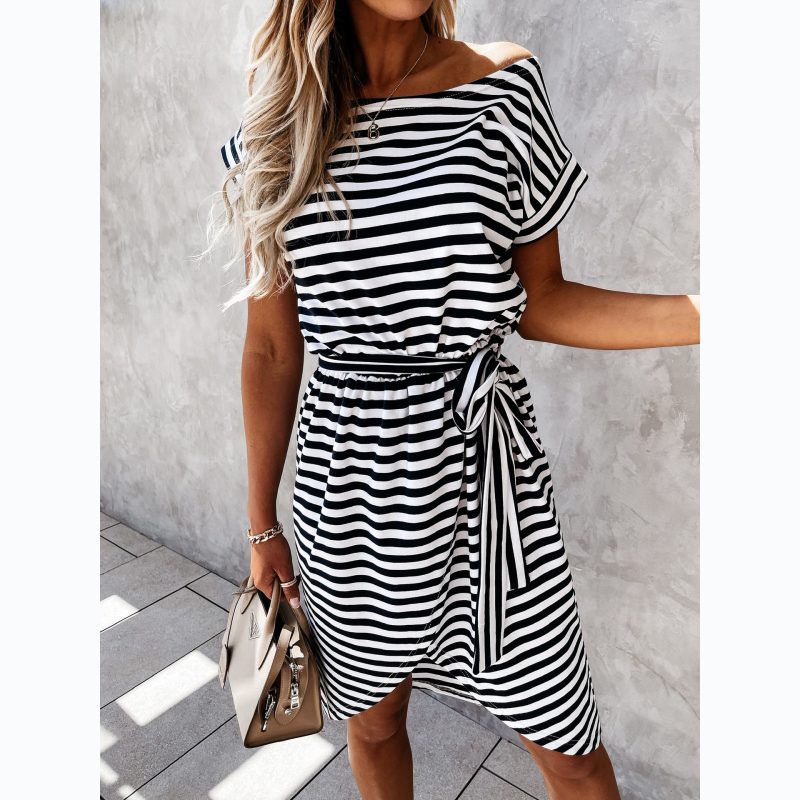 Lace-up Striped Asymmetric Dress - Summer - Image 3