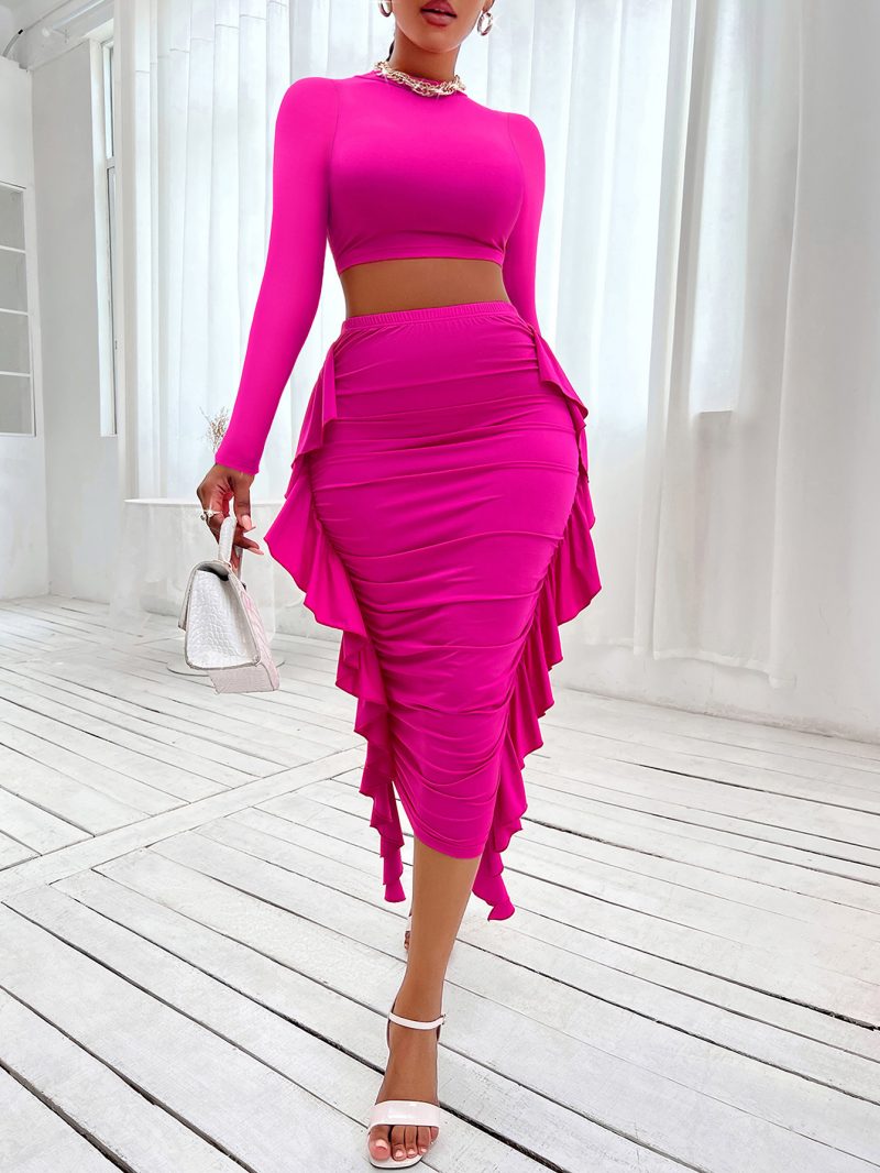 Solid Color Round Neck Flounced Skirt Set - Fall/Winter Sexy - Image 2