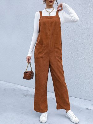 Brown Loose Corduroy Suspender Pants for Autumn Women’s Wear