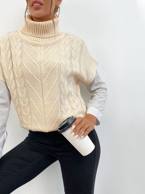 Cable-Knit Turtleneck Sweater with Short Sleeves for Autumn/Winter