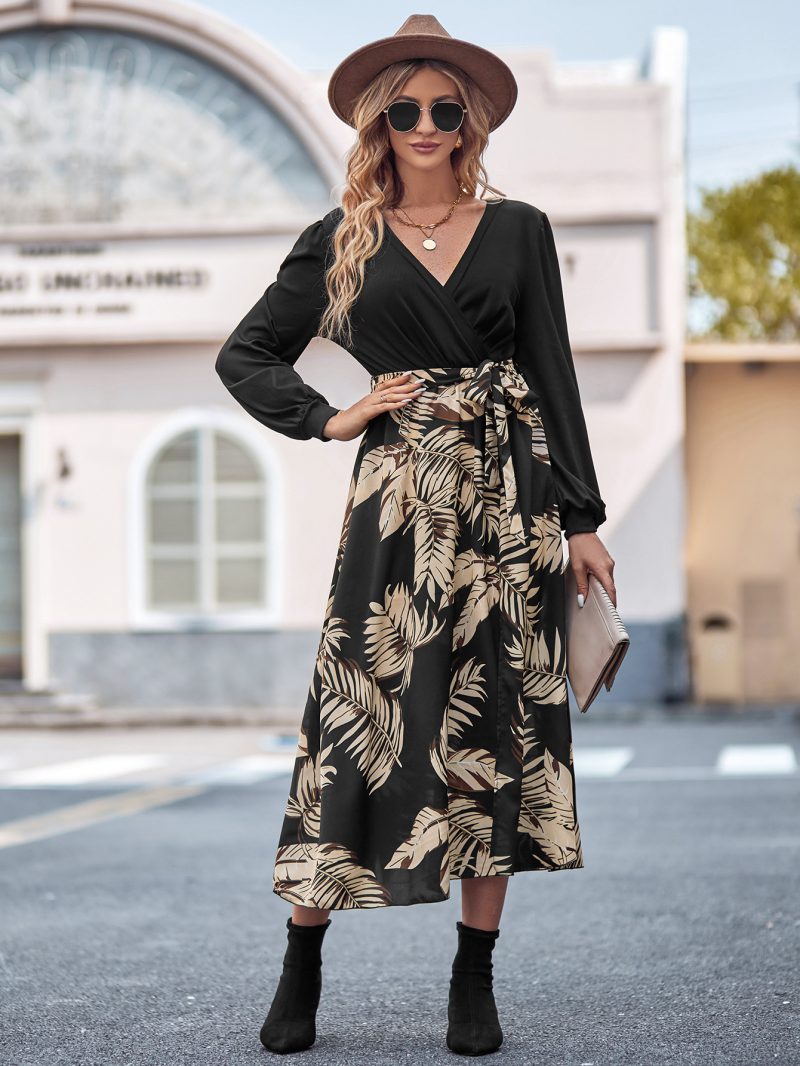Printed V-Neck Patchwork Tie-Waist Long Sleeve Dress - Image 3
