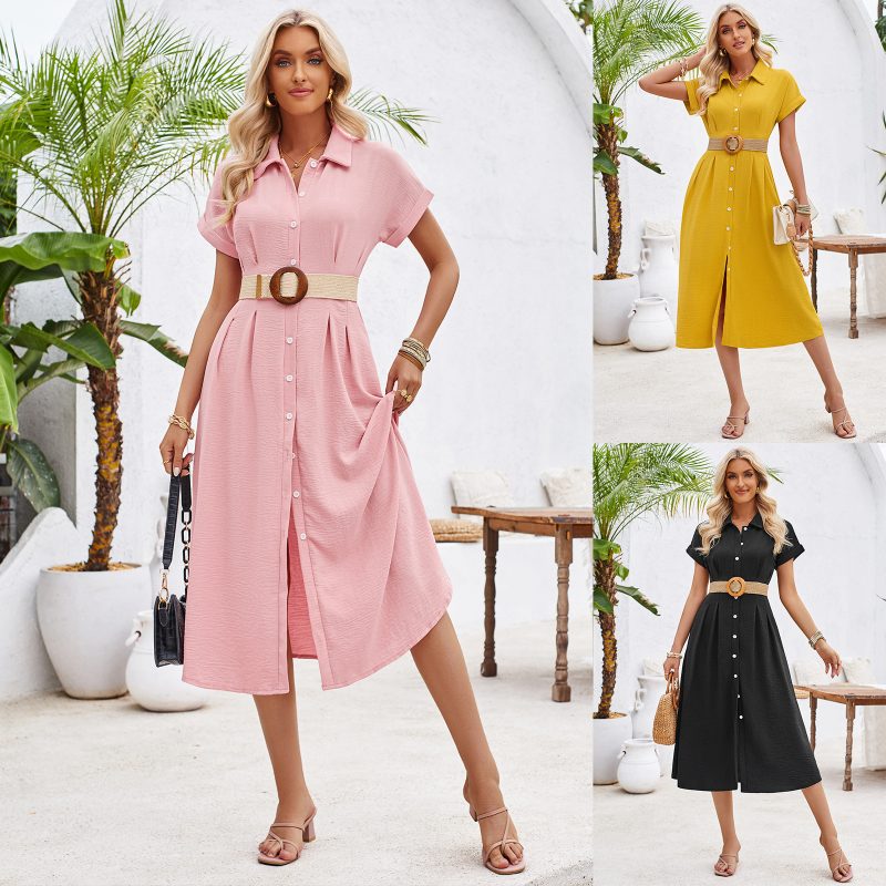 Polo Collar Pleated Dress - Summer - Image 4