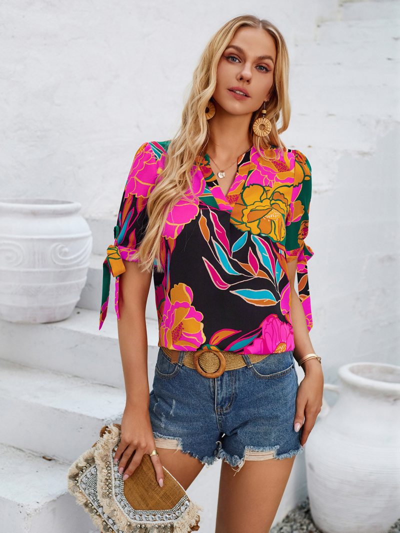 Printed V Neck Cuff Bundle Top - Image 2