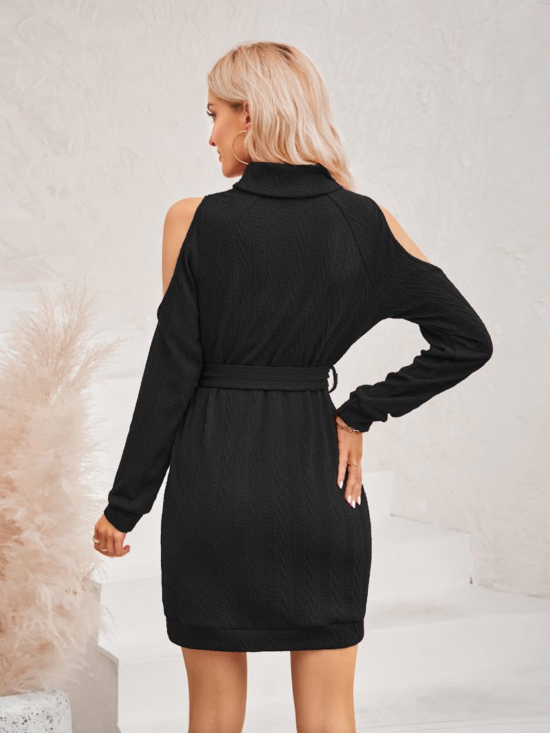 Casual Round Neck Shoulder Hollow Out Tie Waist Dress - Image 4