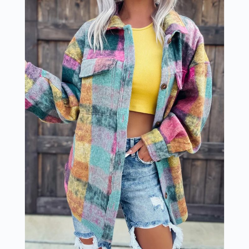 Woolen Printed Polo Collar Coat - Autumn/Winter - Image 4