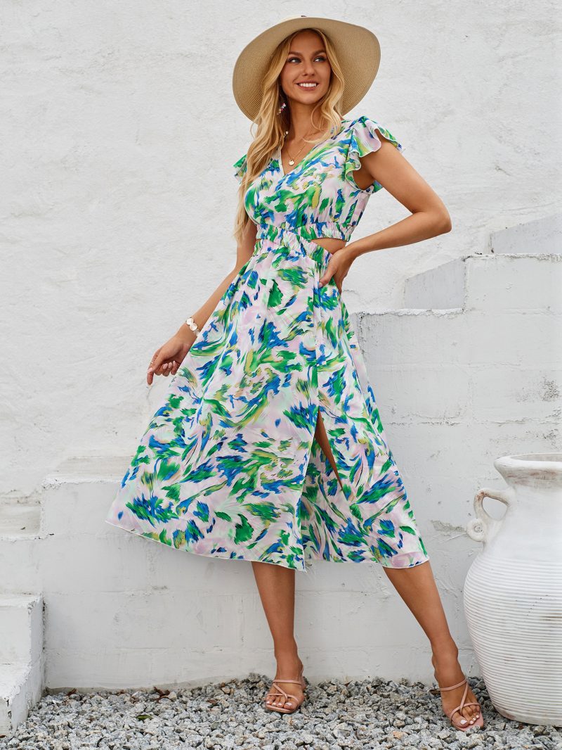 Printed V-neck Hollow Dress – Casual Summer Style - Image 3