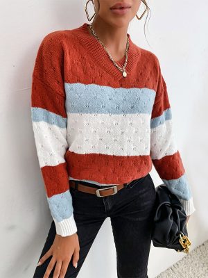 Color Matching Long Sleeve Sweater for Autumn/Winter Casual Women