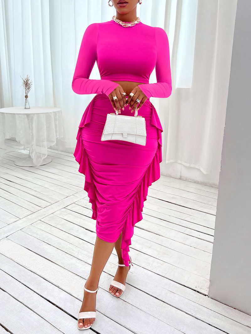 Solid Color Round Neck Flounced Skirt Set - Fall/Winter Sexy - Image 3