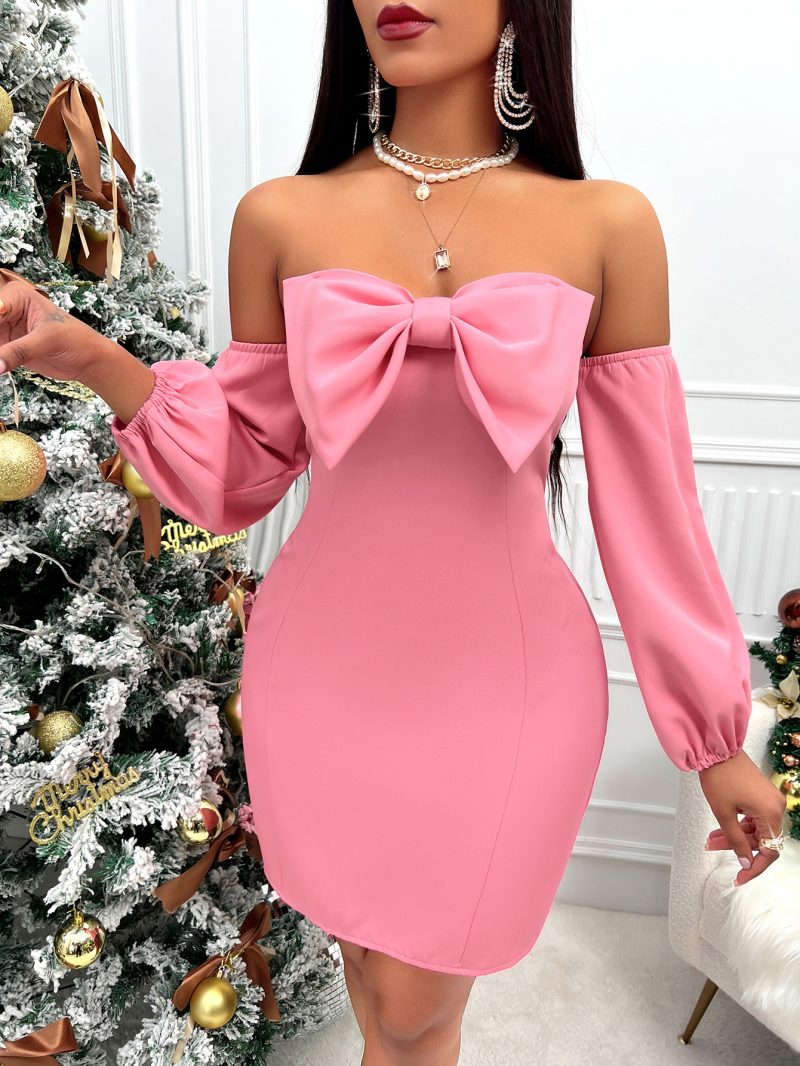 Solid Color Bow Waist Dress - Fall/Winter Sexy Chic - Image 2