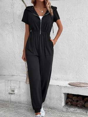 Hooded Solid Color Summer Jumpsuit