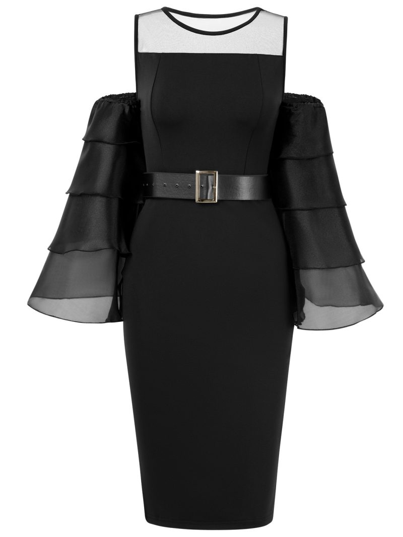 Mesh Stitching Belt Dress - Image 4