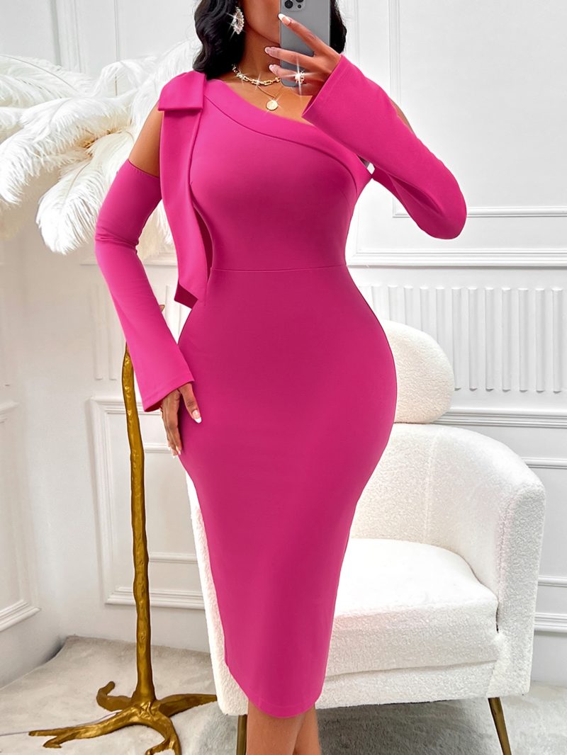 Winter Solid Color Sheath Dress – Chic Lace-up Detail - Image 2