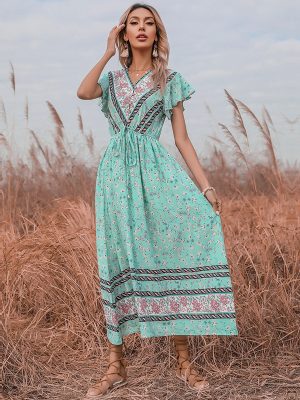 Summer V-Neck Floral Bell Sleeve Lace Maxi Dress