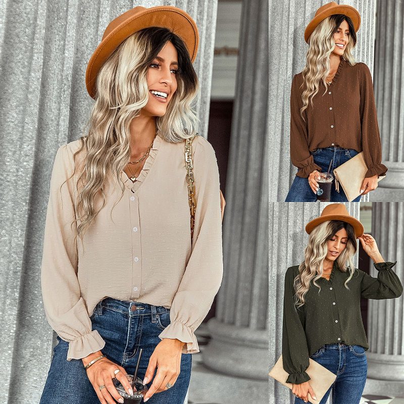 All-Matching V-neck Shirt: Polka Dot Casual Charm" - Image 5