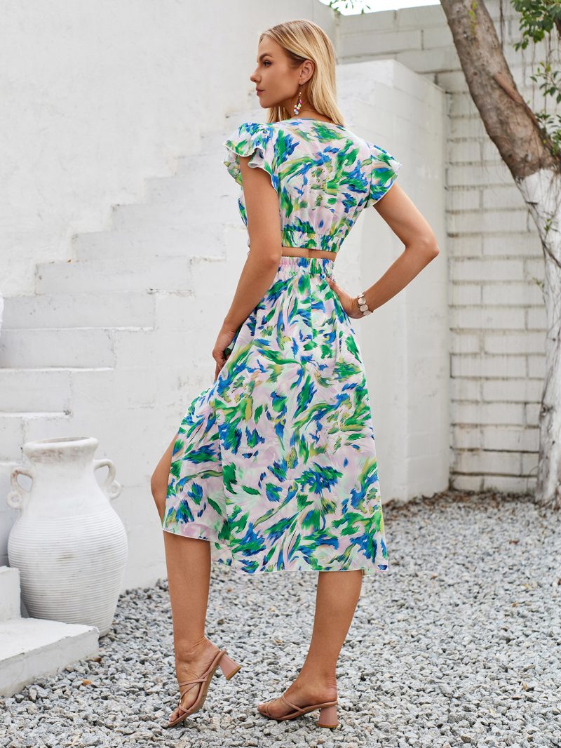 Printed V-neck Hollow Dress – Casual Summer Style - Image 4