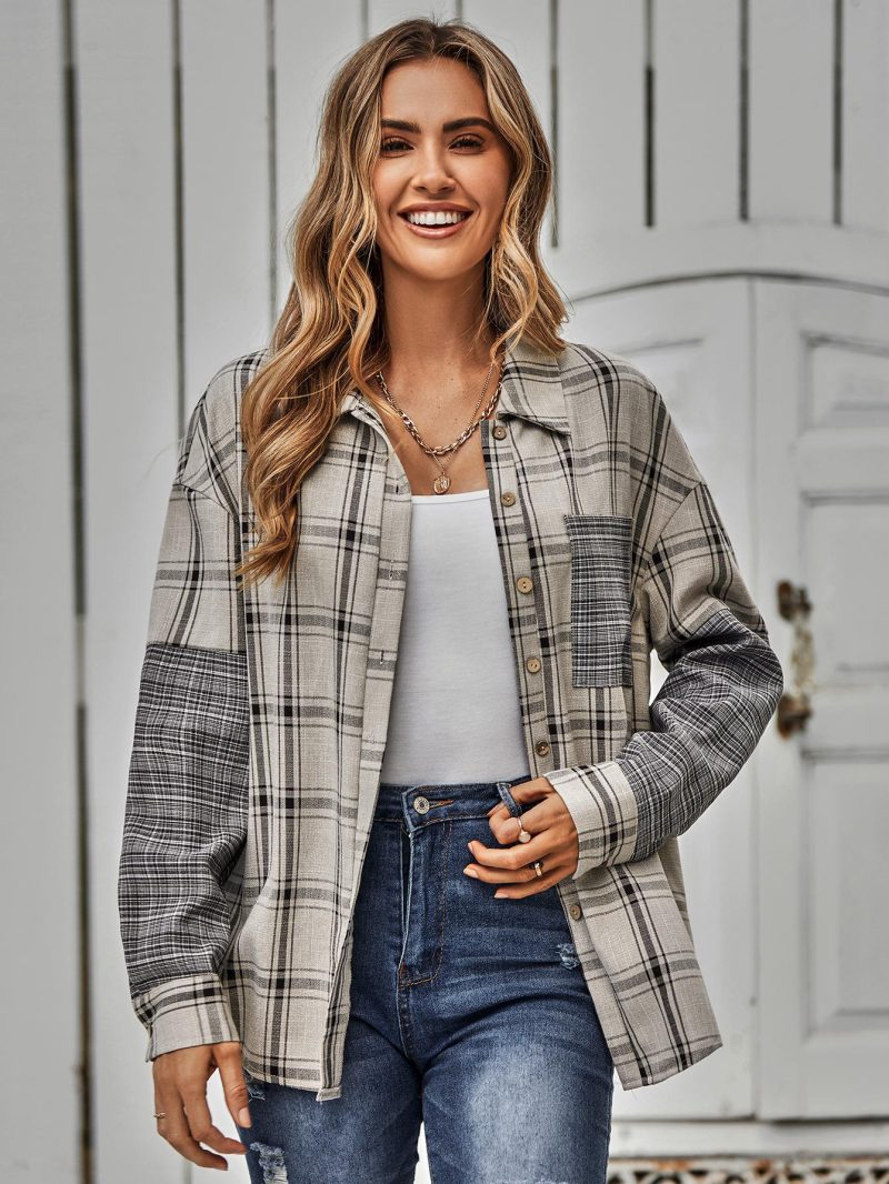 Plaid Stitching Shirt - Autumn Casual - Image 3