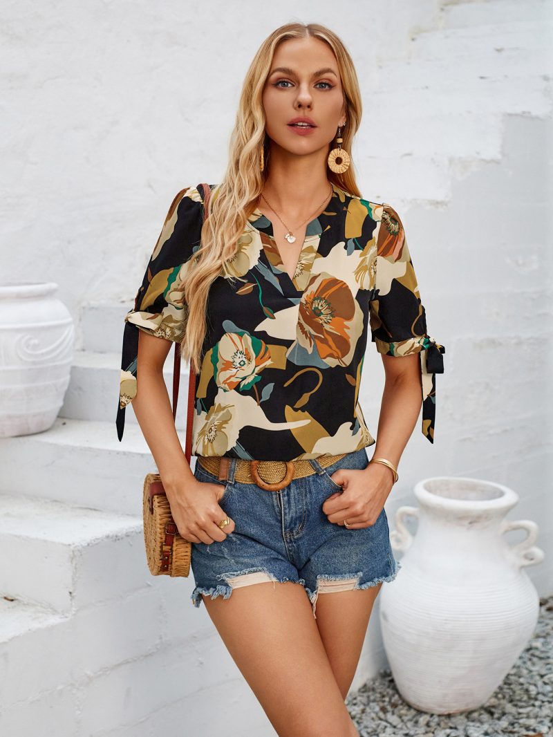 Printed V Neck Cuff Bundle Top - Image 3