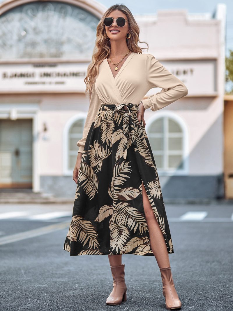 Printed V-Neck Patchwork Tie-Waist Long Sleeve Dress - Image 2