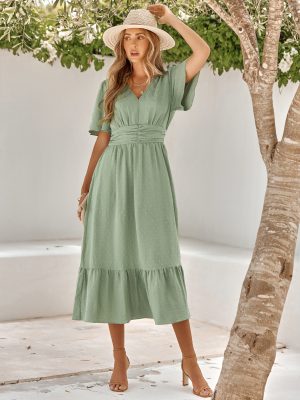 V-neck Ruffle Sleeve Maxi Dress – Summer