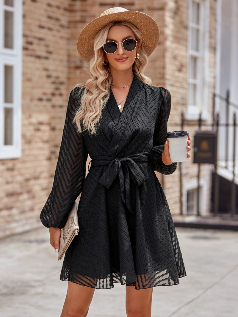 Tied Waist Long Sleeve Dress - Winter Elegance - Image 2