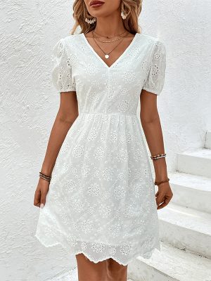 V-Neck Puff Sleeve White Dress – Summer Elegance