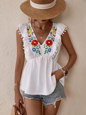 White Embroidered Sleeveless Shirt – Summer Elegance