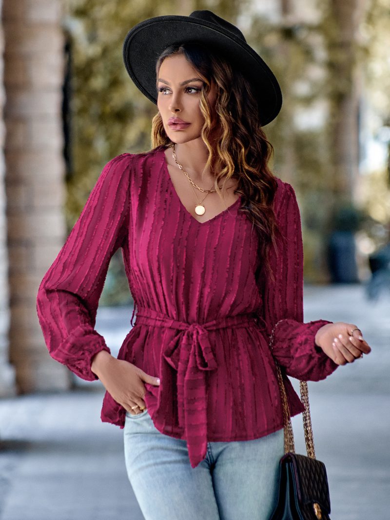 Casual V-Neck Tie-Waist Long Sleeve Top - Image 2