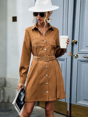 Stylish Collared Long Sleeve Corduroy Dress for Women