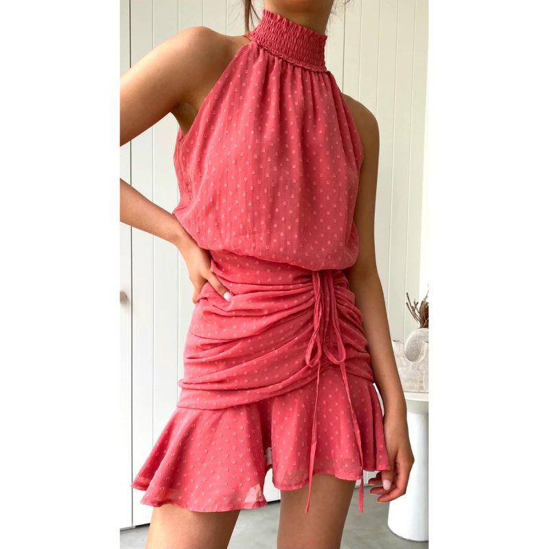 Drawstring Halter Chiffon Dress - Fresh/Sweet