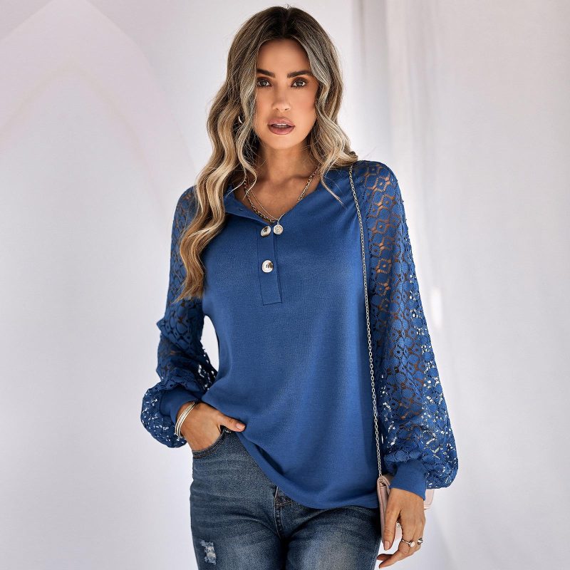Trendy Long Sleeve Lace Button Pullover - Image 3