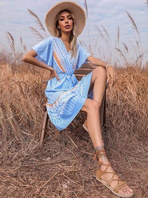 French Printed Lace-up Dress – Summer Chic