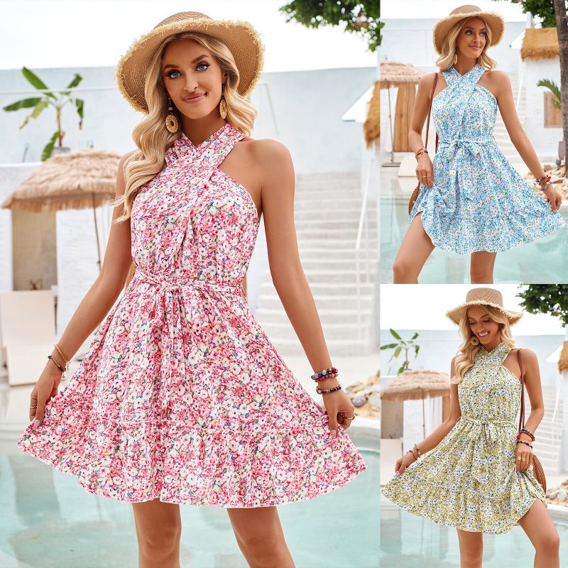 Halter Knotted Printed Dress - Summer Lace-Up Elegance - Image 4