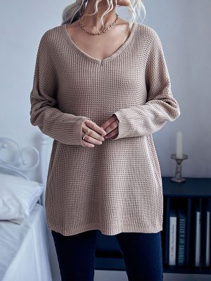 Early Autumn Casual Women’s V-neck Knitwear: Loose Long Sleeve Solid Color Sweater