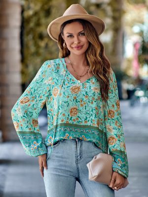 Printed V-Neck Loose Long Sleeve Top