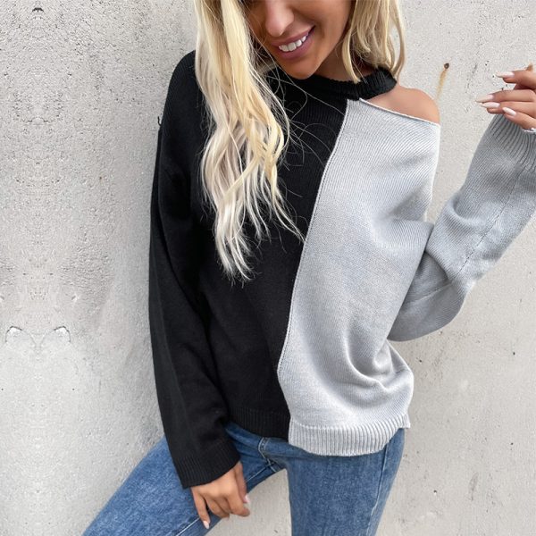 Casual Long Sleeve Color Matching Cutout Sweater - Image 2