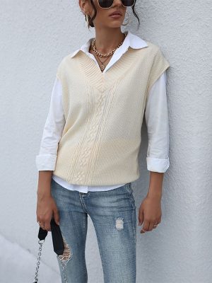 Solid Color Cable Knit Sweater Vest for Autumn/Winter Casual Women’s Tops