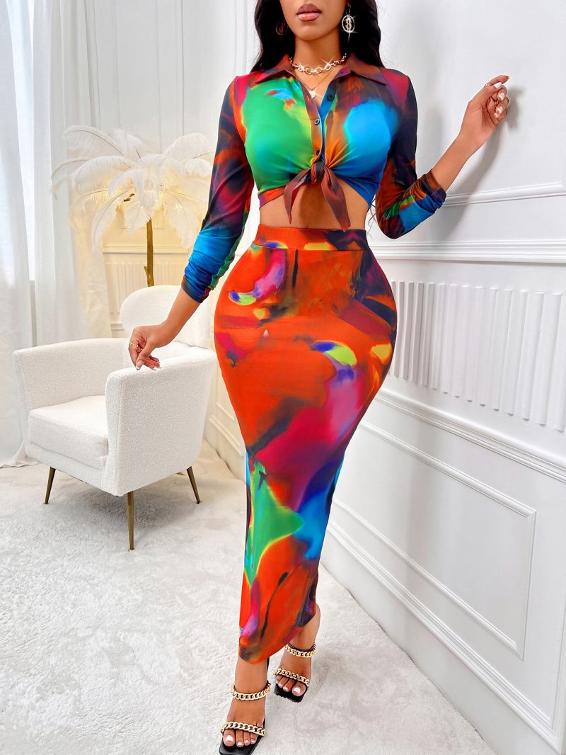 Printed Shirt and Skirt Set - Autumn - Image 2