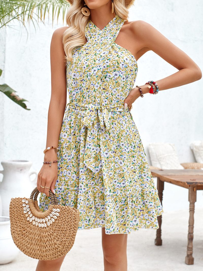 Halter Knotted Printed Dress - Summer Lace-Up Elegance - Image 2